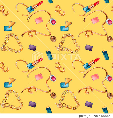 Femal accessories with chain, rouge watercolor seamless pattern isolated on ocher. Femal accessories with chain, rouge watercolor seamless pattern isolated on ocher. 96748882