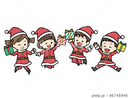 サンタクロースの格好をしてジャンプする子供達のイラスト クリスマスプレゼント サンタクロースの格好をしてジャンプする子供達のイラスト クリスマスプレゼント 96748946
