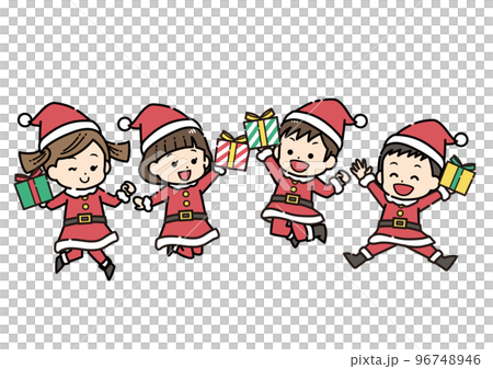 サンタクロースの格好をしてジャンプする子供達のイラスト クリスマスプレゼント サンタクロースの格好をしてジャンプする子供達のイラスト クリスマスプレゼント 96748946