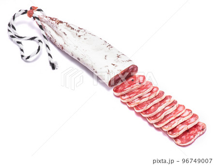 Spanish Fuet thin dried salami sausage isolated on a white background 96749007