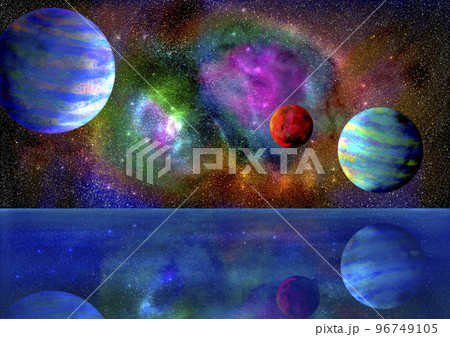 静かな水の惑星に映る星 96749105