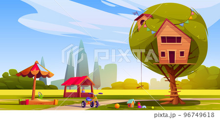Playground with toys and tree house in green park 96749618