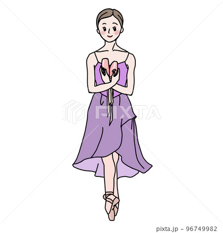紫色の衣装でトゥシューズを持った大人のバレリーナ 96749982