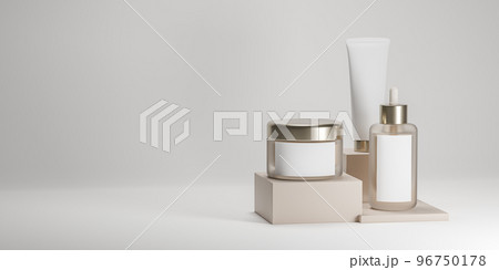 Three creams containers mockup with blank white label. Three cosmetic product mockups on beige geometric podiums. copy space. 3D illustration 96750178