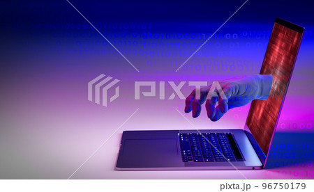 Hacker hand reach through laptop screen for stealing data. Cyber attack, virus, malware, illegally and cyber security. colorful bright neon UV blue and purple lights. copy space. 3d illustration Hacker hand reach through laptop screen for stealing data. Cyber attack, virus, malware, illegally and cyber security. colorful bright neon UV blue and purple lights. copy space. 3d illustration 96750179