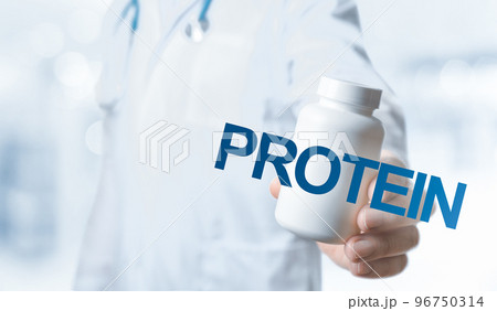 Protein supplements for human health. Doctor recommends taking Protein. doctor talks about Benefits Protein. Essential vitamins and minerals for humans. Health Concept. Protein supplements for human health. Doctor recommends taking Protein. doctor talks about Benefits Protein. Essential vitamins and minerals for humans. Health Concept. 96750314