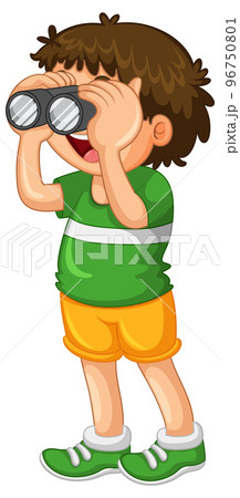 Boy look through binoculars on white background Boy look through binoculars on white background 96750801
