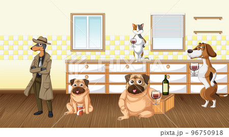 In house scene with dogs drinking wine 96750918