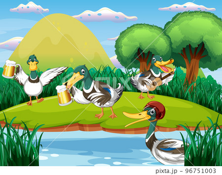 Outdoor scene with cartoon ducks Outdoor scene with cartoon ducks 96751003