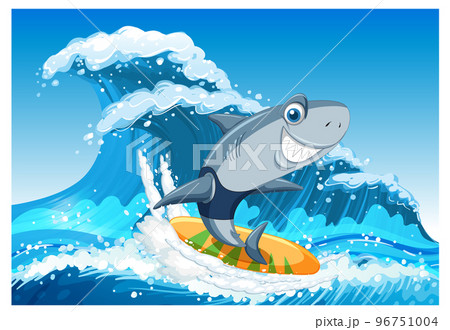 Cute shark cartoon character surfing ocean scene Cute shark cartoon character surfing ocean scene 96751004