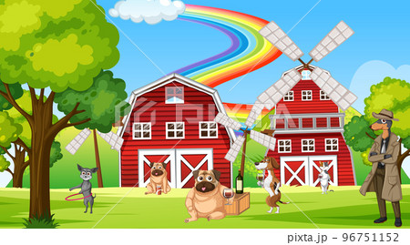 Outdoor farm scene with cartoon dogs 96751152