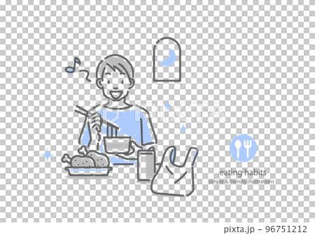 栄養の偏った食事を楽しむ男性　シンプルでお洒落な線画イラスト 96751212