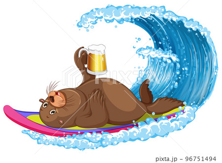 Sea lion on surfboard with water wave 96751494