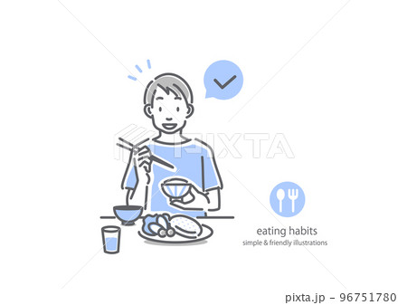 健康的でバランスのとれた食事を楽しむ男性 シンプルでお洒落な線画イラスト 健康的でバランスのとれた食事を楽しむ男性 シンプルでお洒落な線画イラスト 96751780