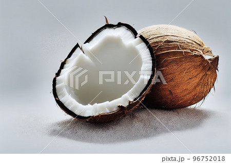 Сracked coconut fruit halves with delicious pulp lie on table 96752018