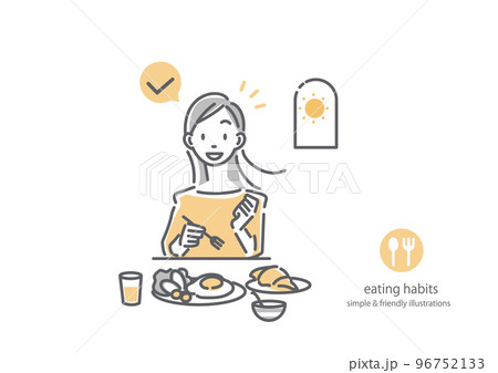 バランスのとれた朝食を食べる健康的な若い女性　シンプルでお洒落な線画イラスト 96752133