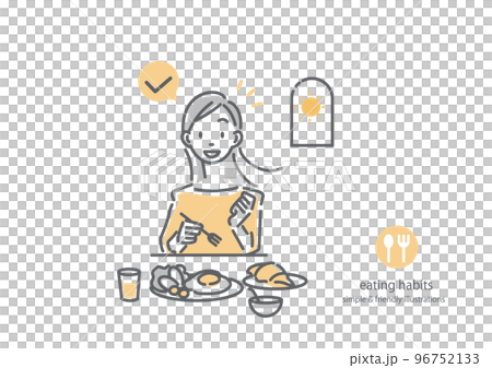 バランスのとれた朝食を食べる健康的な若い女性　シンプルでお洒落な線画イラスト 96752133