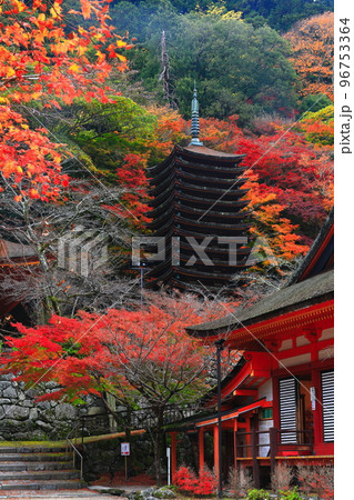 【奈良県】談山神社の紅葉（十三重塔と神廟拝所） 96753364