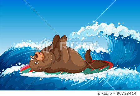 Sea lion on surfboard in the ocean 96753414