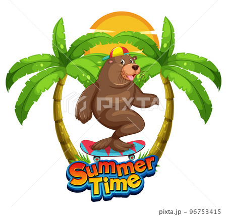 Sea lion cartoon character with summer time word 96753415