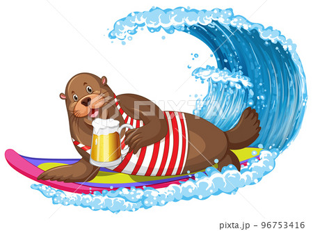 Sea lion on surfboard with water wave 96753416