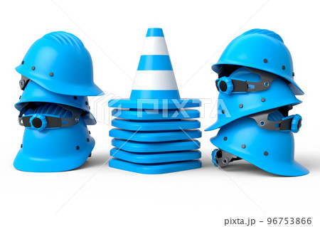 Stack of safety helmets or hard hats and traffic cones on white background 96753866