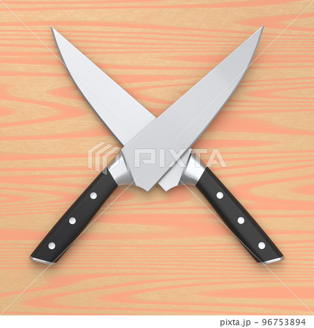 Set of chef's kitchen knives on wooden board or background. 96753894