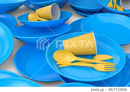 Heap of disposable utensils like plate, folk, spoon,knife and cup on white. Heap of disposable utensils like plate, folk, spoon,knife and cup on white. 96753908