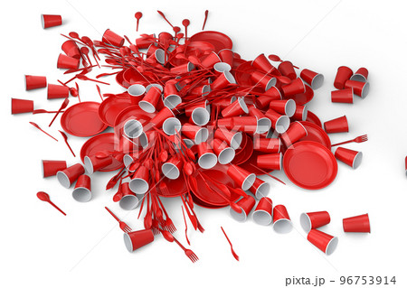 Heap of disposable utensils like plate, folk, spoon,knife and cup on white. Heap of disposable utensils like plate, folk, spoon,knife and cup on white. 96753914