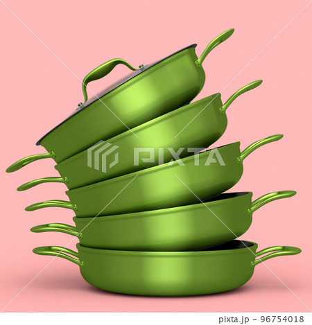 Set of stainless steel stewpot and chrome plated cookware on pink background 96754018