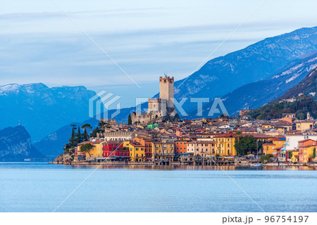 Lake Garda and the Malcesine Village at Sunset - Veneto Italy 96754197