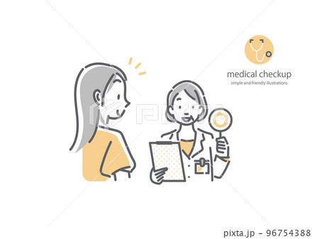 検査結果を知らせる女性医師と患者の女性 シンプルでお洒落な線画イラスト 検査結果を知らせる女性医師と患者の女性 シンプルでお洒落な線画イラスト 96754388
