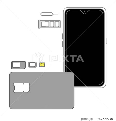 SIMピンとSIMトレイとスマートフォンとマルチSIMカードから取り外したnanoSIM 96754530