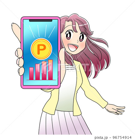 ポイントの貯まったスマホをかざす女性 ポイントの貯まったスマホをかざす女性 96754914