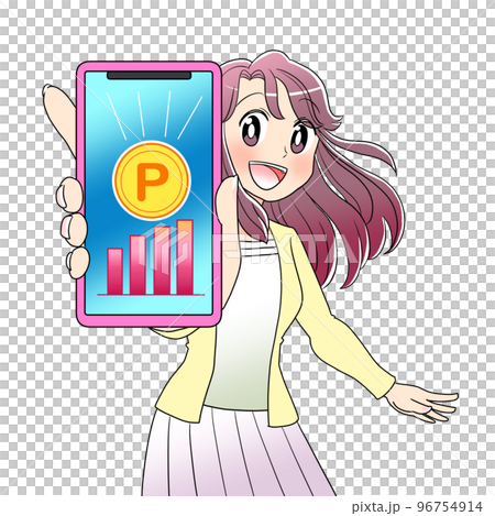ポイントの貯まったスマホをかざす女性 ポイントの貯まったスマホをかざす女性 96754914