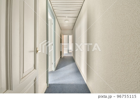 Interior of modern flat in minimal style with narrow empty corridor illuminated by lamps 96755115