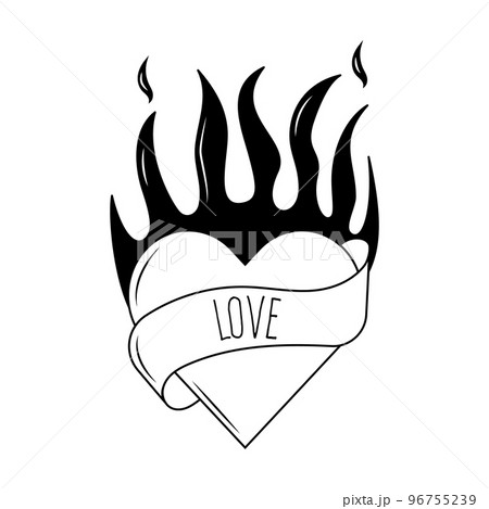 Flaming heart tattoo in y2k, 1990s, 2000s style. Emo goth element design. Old school tattoo. Vector illustration Flaming heart tattoo in y2k, 1990s, 2000s style. Emo goth element design. Old school tattoo. Vector illustration 96755239