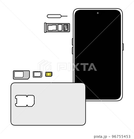 SIMピンとSIMトレイとスマートフォンとマルチSIMカードから取り外したnanoSIM 96755453