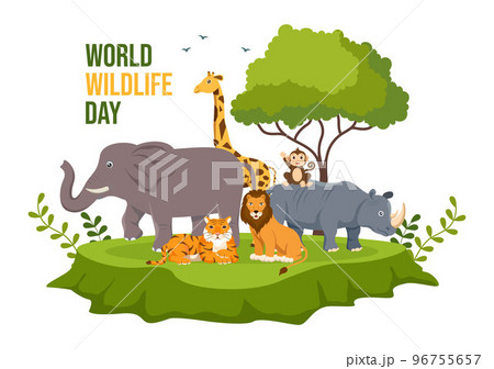 World Wildlife Day on March 3rd to Raise Animal Awareness, Plant and Preserve Their Habitat in Forest in Flat Cartoon Hand Drawn Template Illustration 96755657