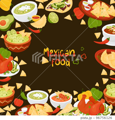 Poster traditional mexican food. Latin American dishs Quesadilla, Tacos, guacamole with nachos, green Soup and Tomato Soup, Empanadas, Mexican Achiote Chicken on black background. Vector illustration. Poster traditional mexican food. Latin American dishs Quesadilla, Tacos, guacamole with nachos, green Soup and Tomato Soup, Empanadas, Mexican Achiote Chicken on black background. Vector illustration. 96756126