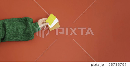 Christmas shopping concept. Flat lie hands in a green sweater with bonus, gift or credit card. Banner on a red background Christmas shopping concept. Flat lie hands in a green sweater with bonus, gift or credit card. Banner on a red background 96756795