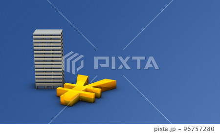 マンションのミニチュアと大きな円記号。不動産の購入資金計画と借入の暗喩。 96757280