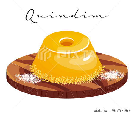 Baked dessert Quindim with coconut flakes, Latin American sweet. National cuisine of Brazil. Food illustration, vector 96757968