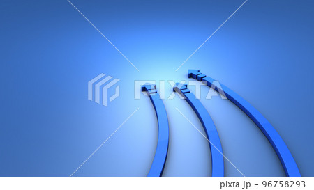 方向が左に偏って進む湾曲した三本の矢印。左傾化への暗喩。 クールな青い背景。3Dレンダリング。 96758293