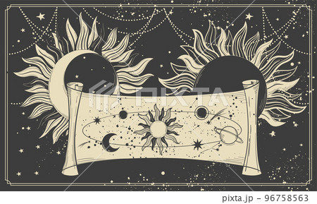 Astrological boho banner for zodiac, tarot. Mystical map of the universe with symbols of the planets, sun and moon, vector fortune telling card. 96758563