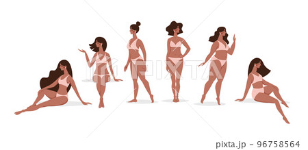Black girls in swimsuits standing and sitting in different poses, a set of characters of a woman in underwear for a beauty salon, women s health, vacation on the beach. Vector illustration isolated on 96758564