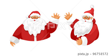 Bust portrait of Santa Claus waving hello. Christmas character for modern card design, invitation, sale. Flat cartoon vector illustration isolated on white background. 96758572