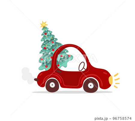 Red vintage car with christmas tree, christmas design element, flat cartoon design, vector illustration isolated on white background. Children s funny card. Red vintage car with christmas tree, christmas design element, flat cartoon design, vector illustration isolated on white background. Children s funny card. 96758574