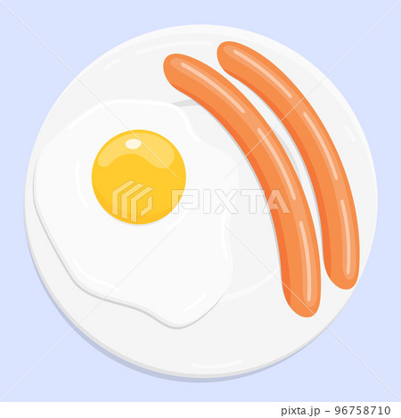 Cartoon fried egg and sausages on plate. Breakfast vector illustration Cartoon fried egg and sausages on plate. Breakfast vector illustration 96758710