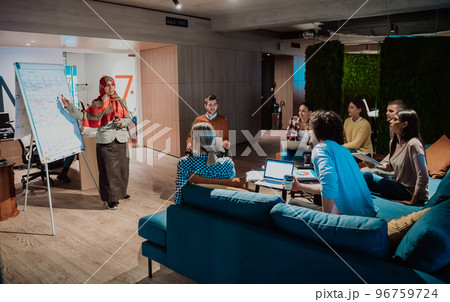 An older Muslim businesswoman presents a project to a young diverse team of people in a modern office 96759724